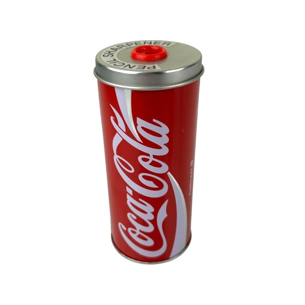 Coca-Cola Vintage Pencil Sharpener Tin Can w/ Lid 1992 Clean Advertising 4.75"